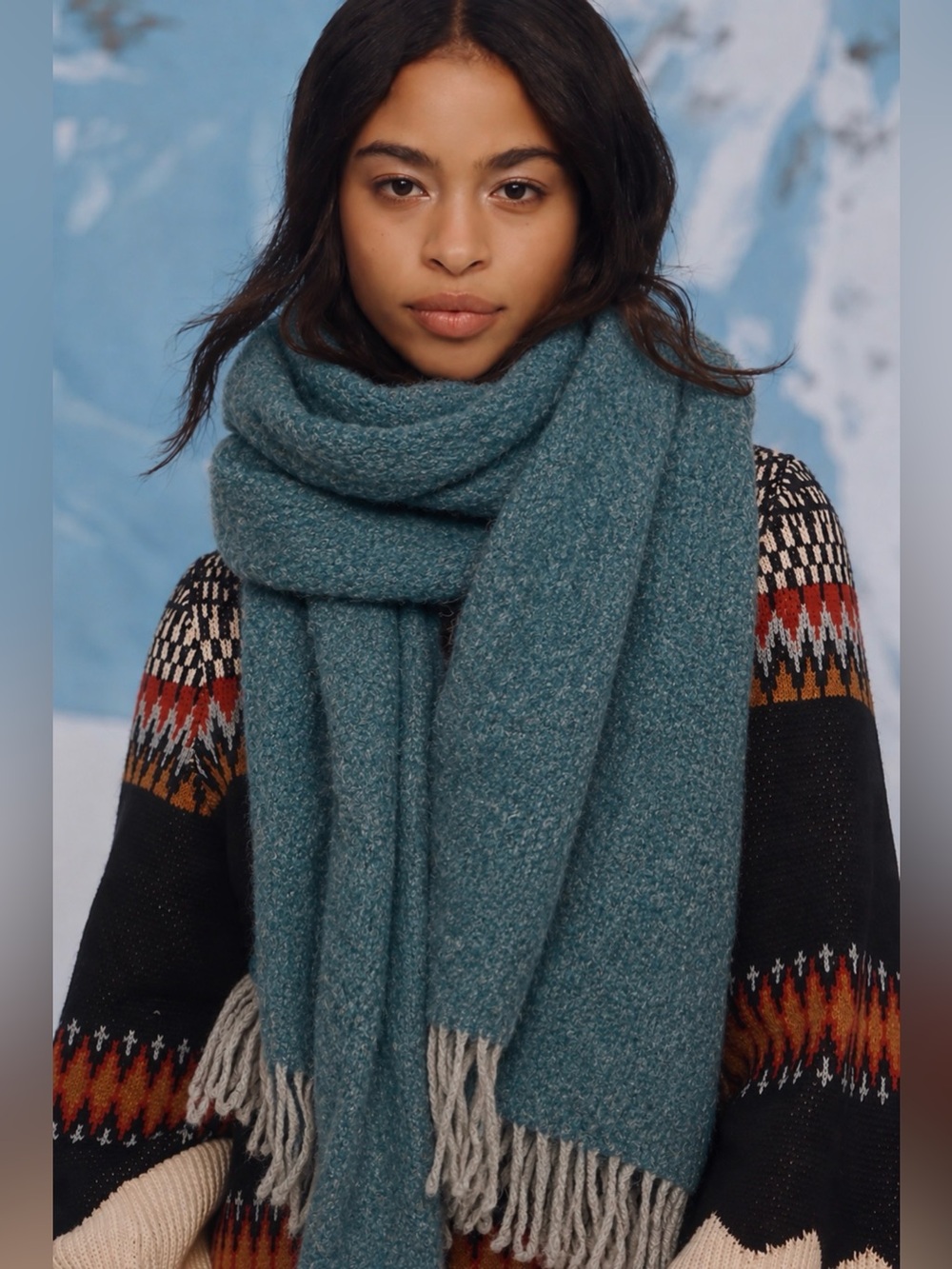 Intend Wool Blend Teal Blue Boucle Knit Scarf with Fringe Cozy Winter Wrap NWOT